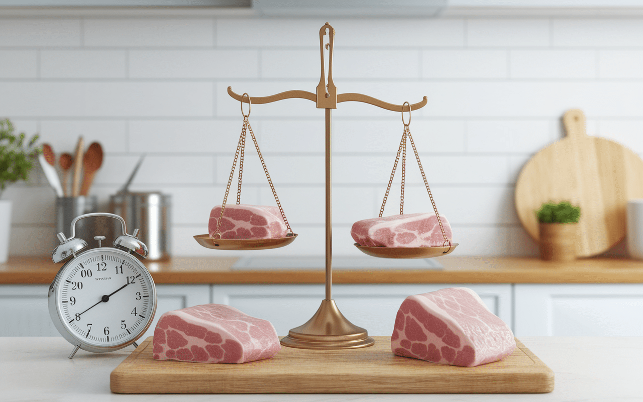 Balance, morceaux de porc, thermomètre cuisson