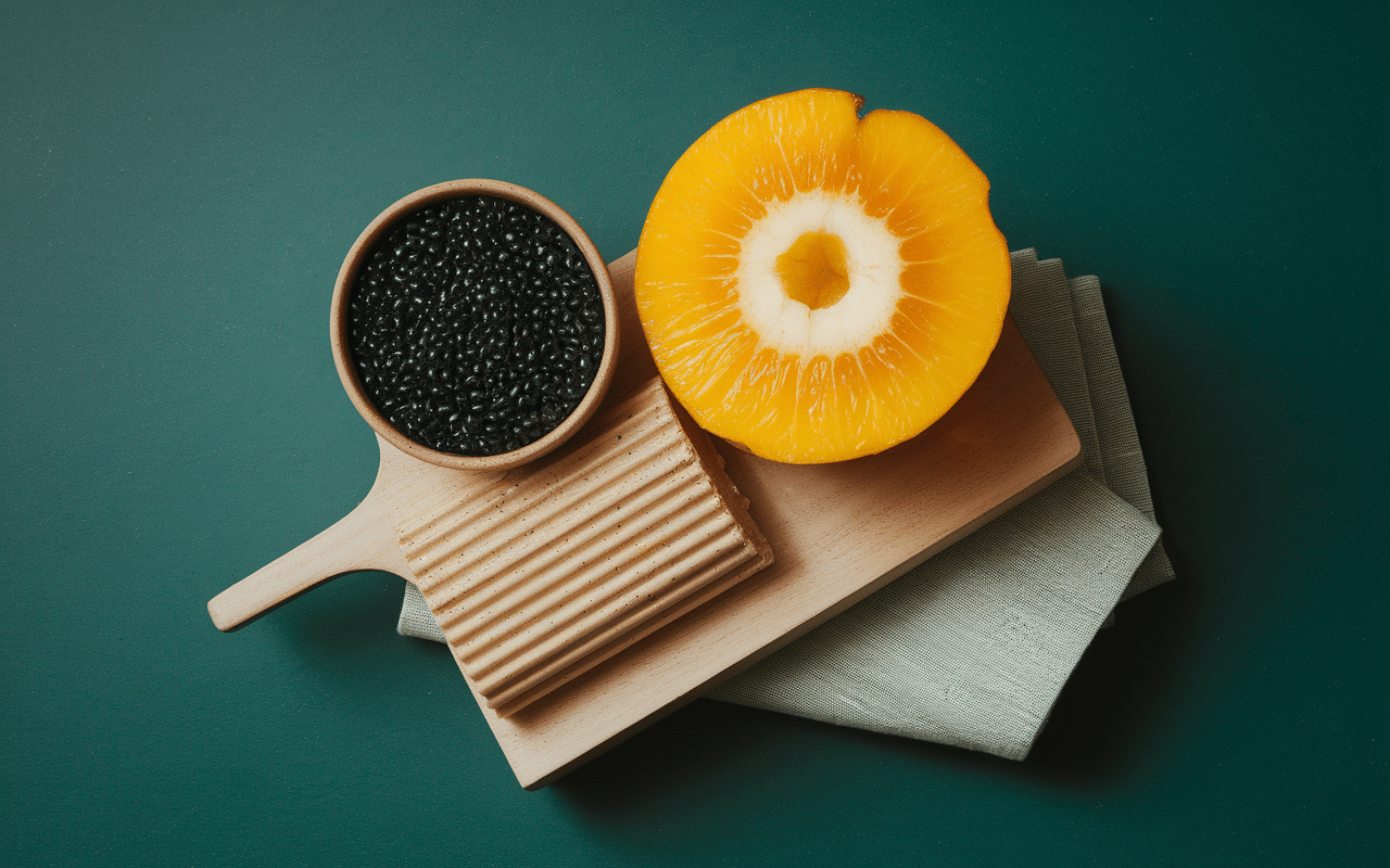 Gousses de vanille ouvertes avec fruit tropical crémeux