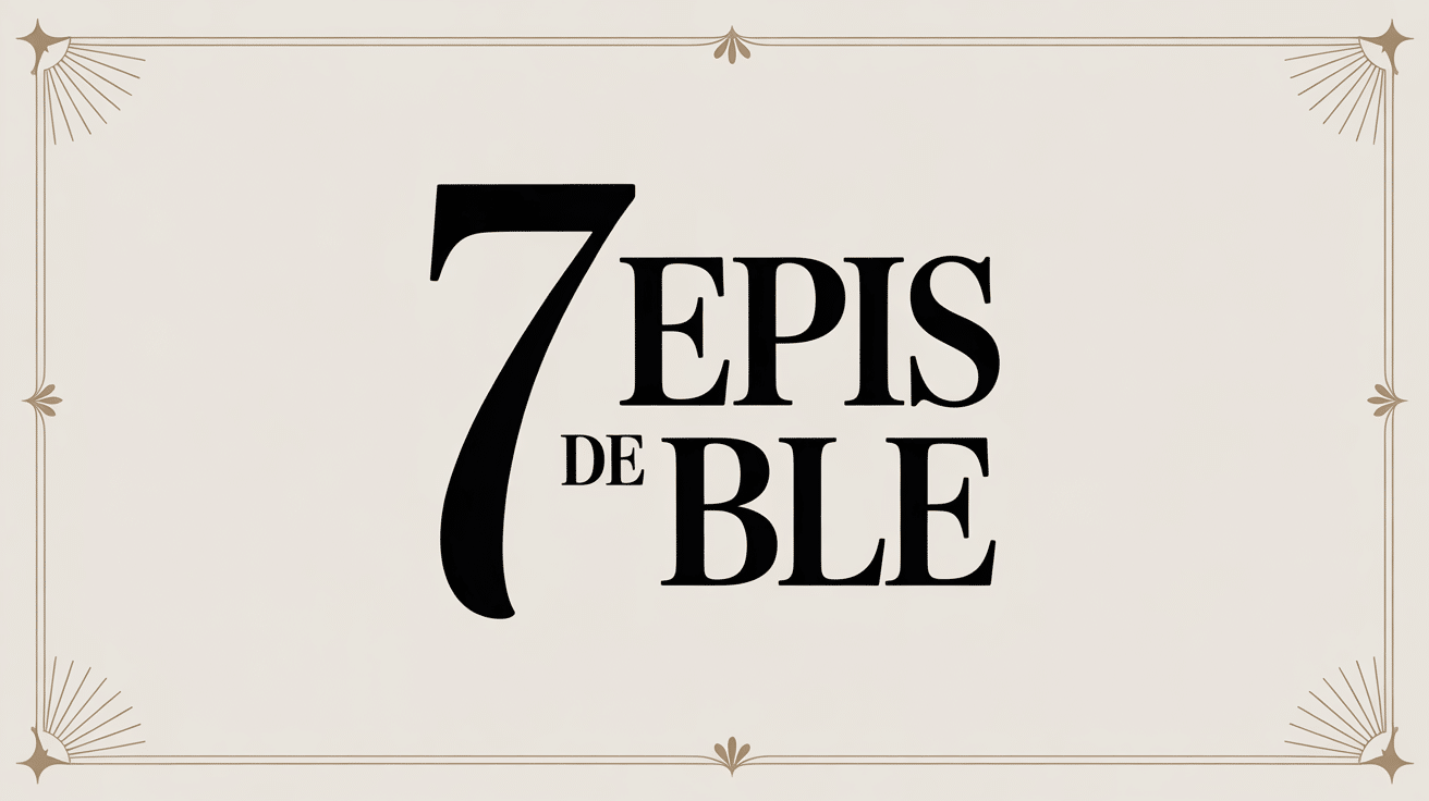 7 épis de blé illustrés en éventail sur fond beige titre central