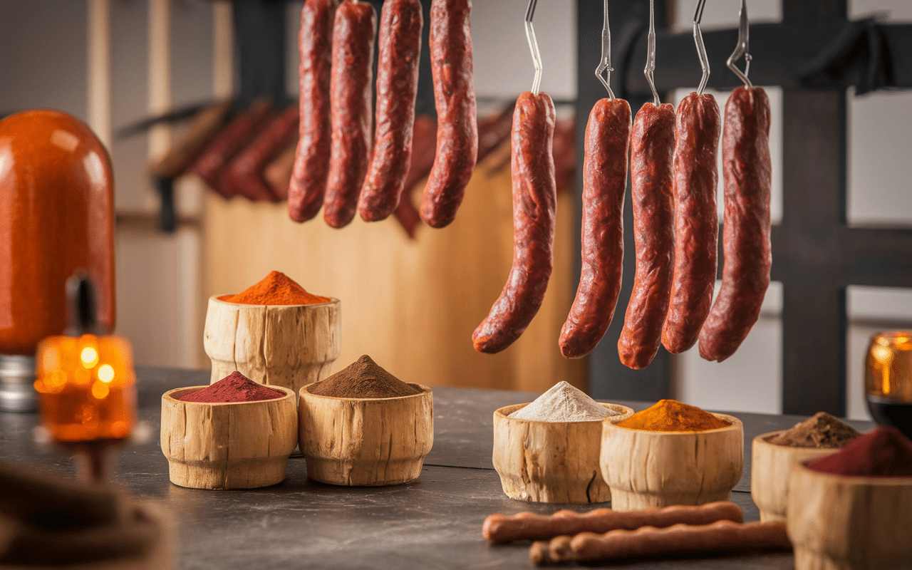 Atelier artisanal avec saucisson de sanglier suspendu