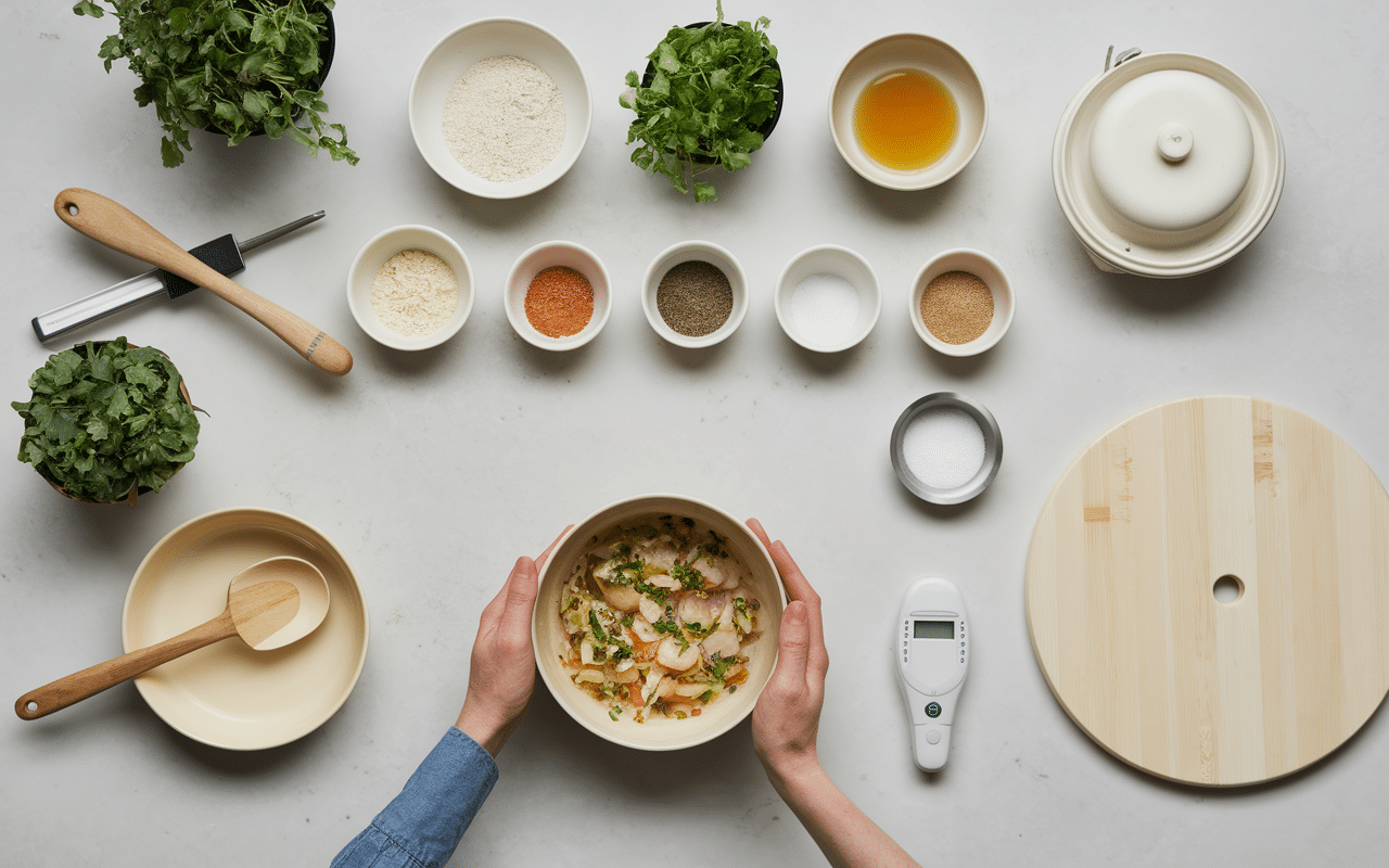 Préparation terrine de campagne charcutier sur plan de travail