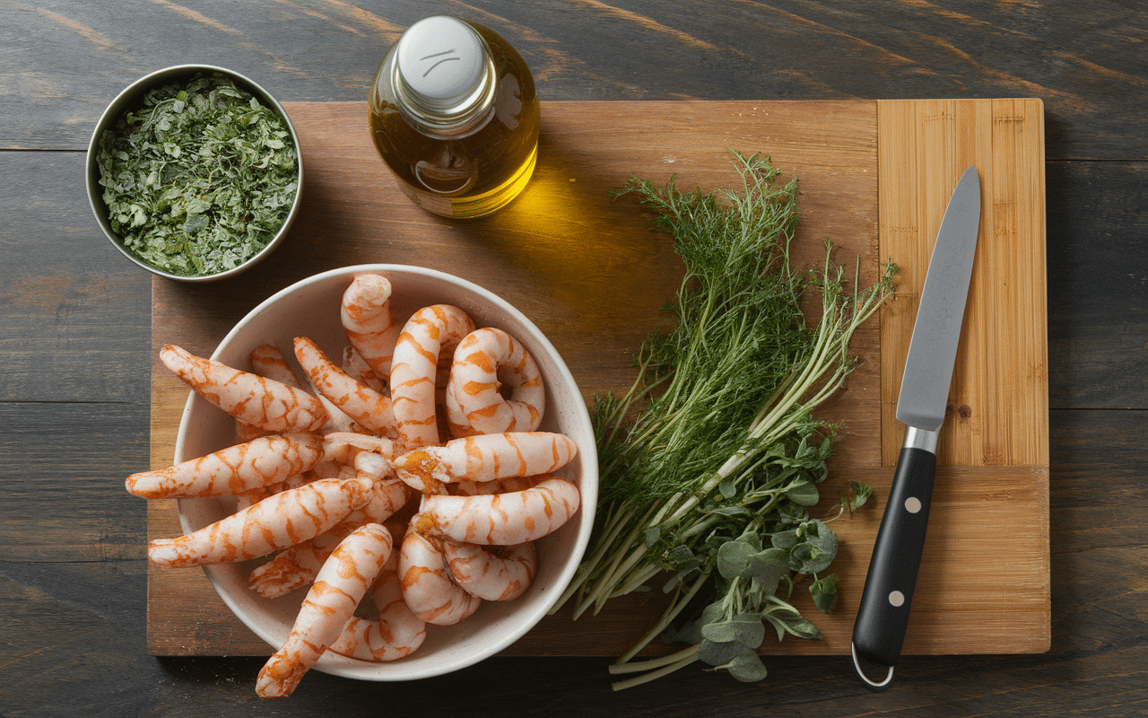 Ingrédients pour gambas à l'ail recette espagnole sur plan de travail