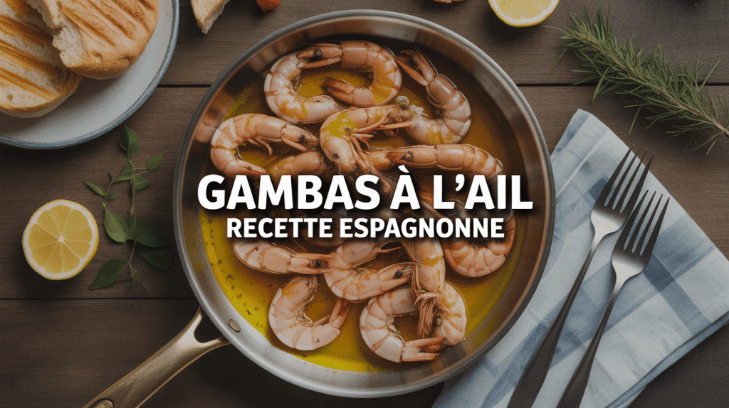 Plat de gambas à l'ail recette espagnole avec pain et citron