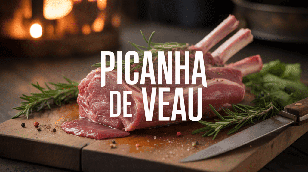 picanha de veau rosée sur planche bois avec herbes