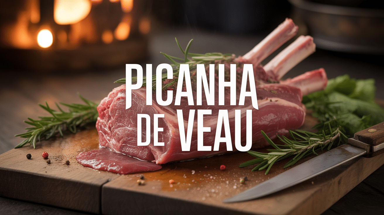 picanha de veau rosée sur planche bois avec herbes