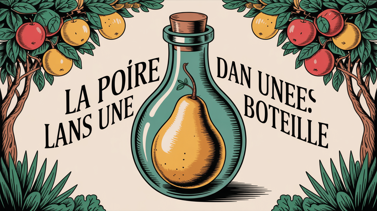 poire dans une bouteille stylisée dans un verger