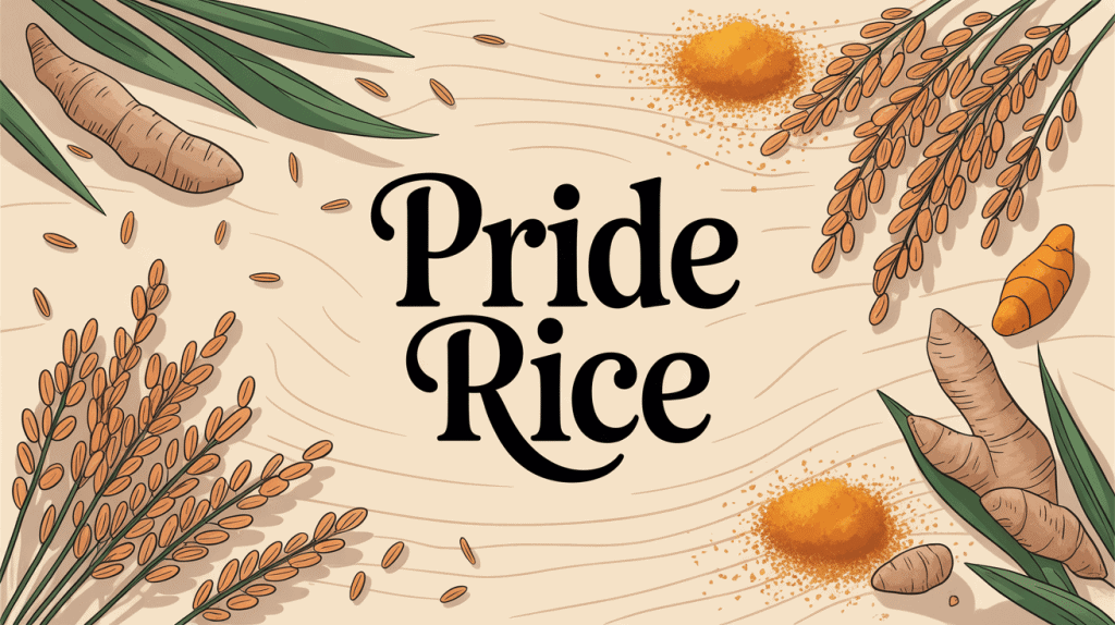Illustration pride rice grains dorés et épices sur bois