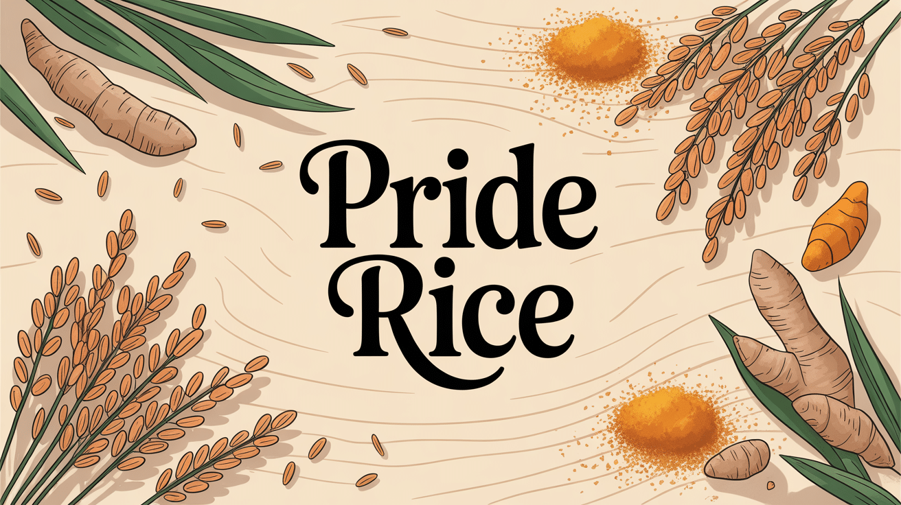 Illustration pride rice grains dorés et épices sur bois