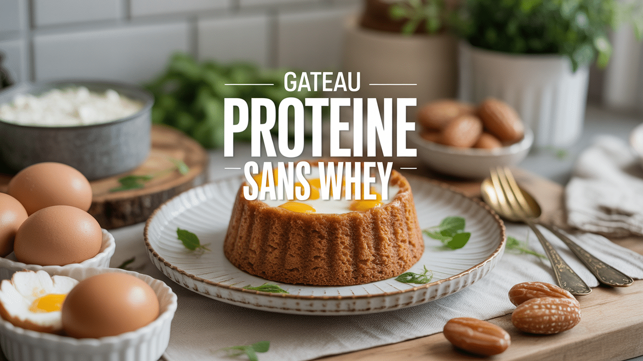 Gâteau protéiné sans whey tranché, ingrédients naturels autour, ambiance saine