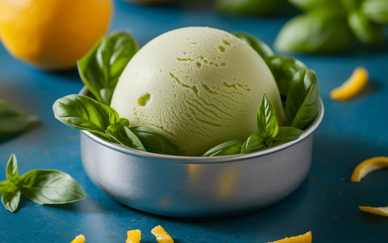 Boule de sorbet citron basilic Novascope avec basilic et citron