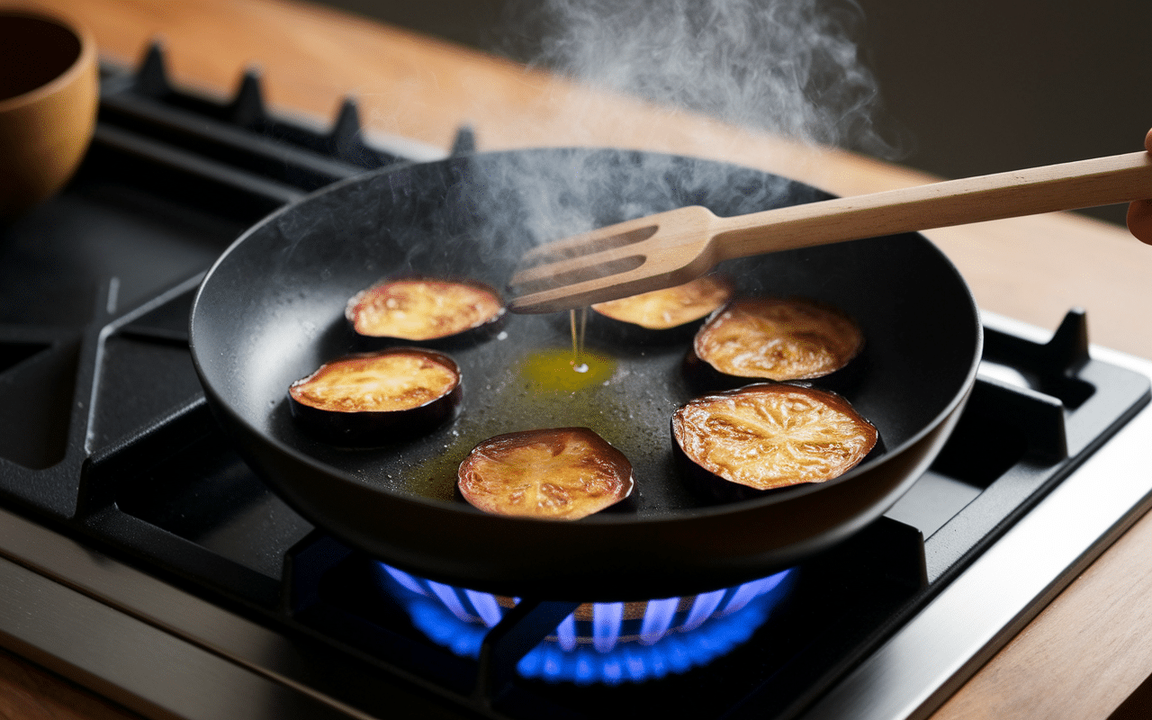 Cuisson à la poêle d'aubergine fondante dorée