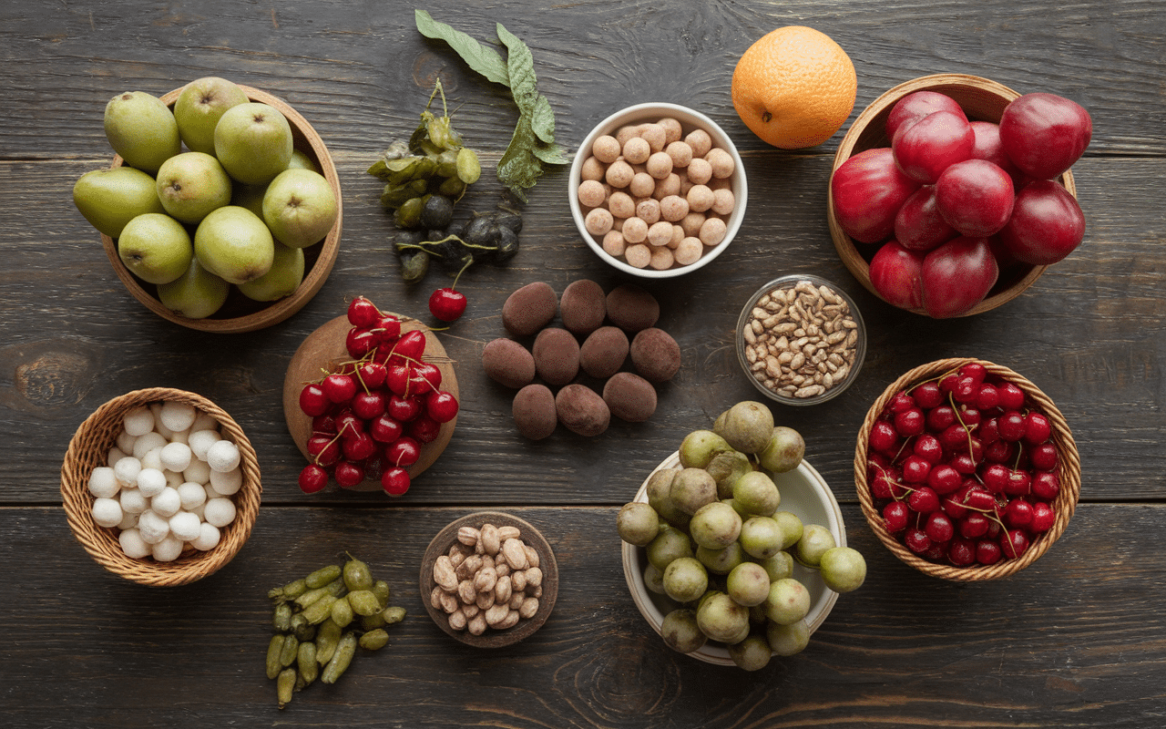 fruits en n variés nashi nèfle cerise noix