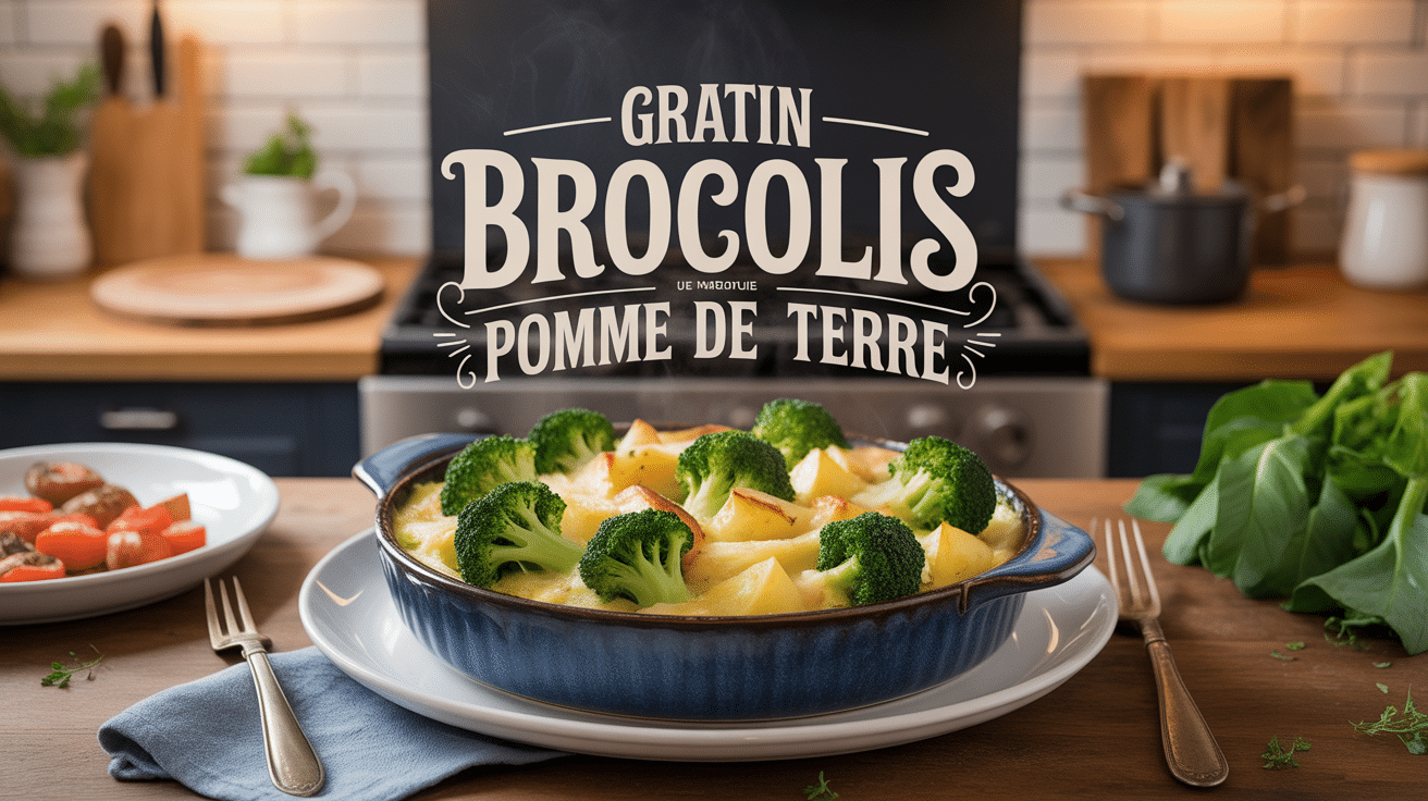 Gratin brocolis pomme de terre doré sortant du four