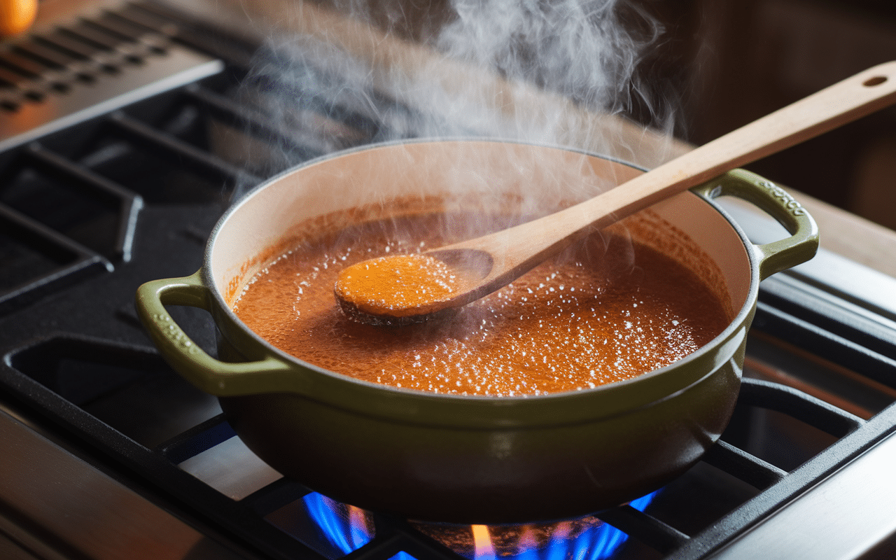 Caramel doré grand-mère dans casserole cuivre cuisson