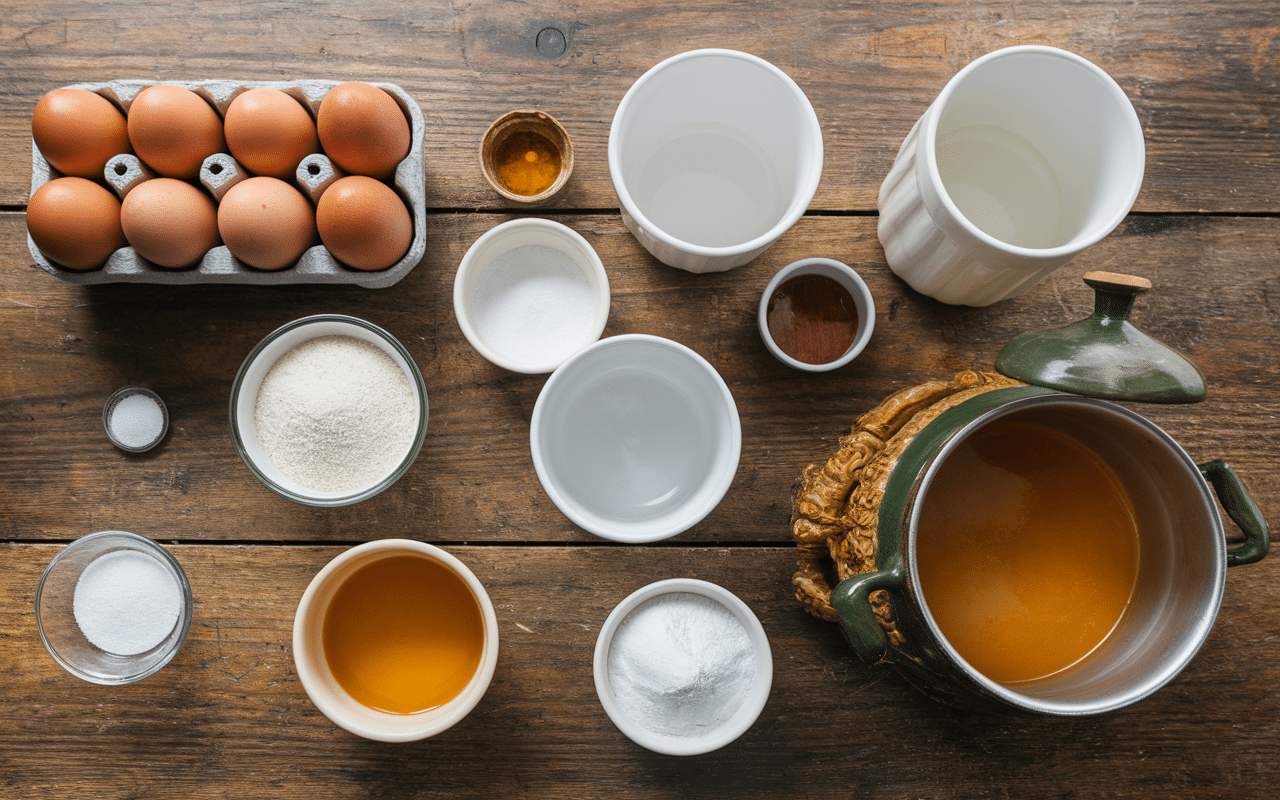 Ingrédients crème caramel grand-mère disposés table bois