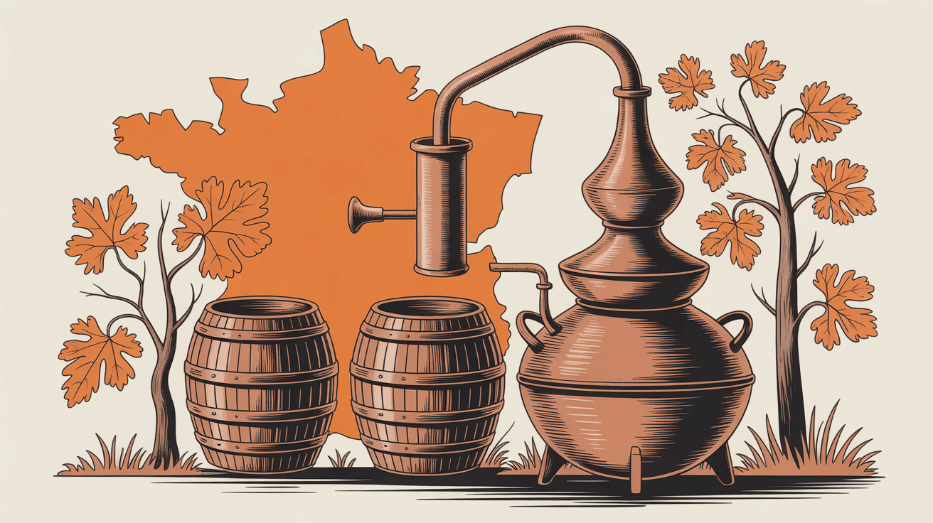 Alambic armagnac cuivre vignes et carte sud-ouest