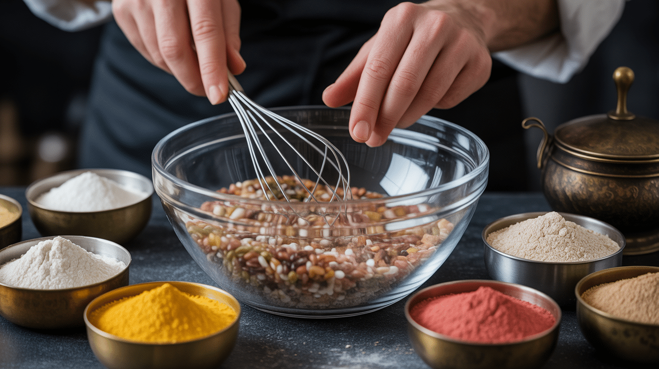 Mélange de farines sans gluten dans grand bol transparent