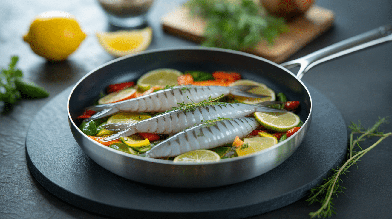 Anneaux calamar poêle légumes citron