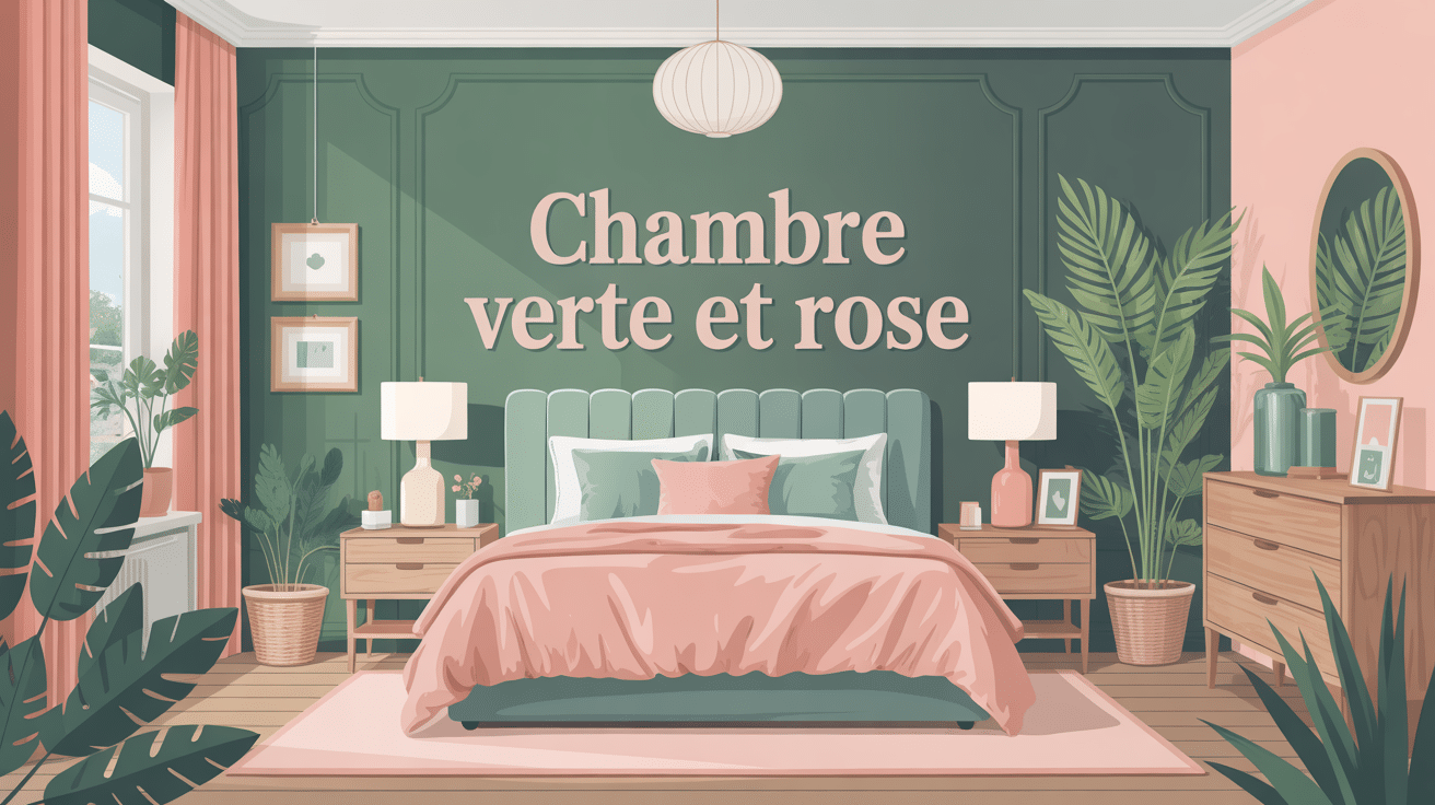 illustration chambre verte et rose tendance moderne