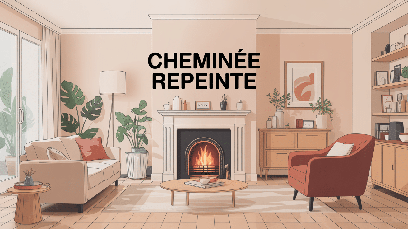 cheminée repeinte au centre d’un salon moderne
