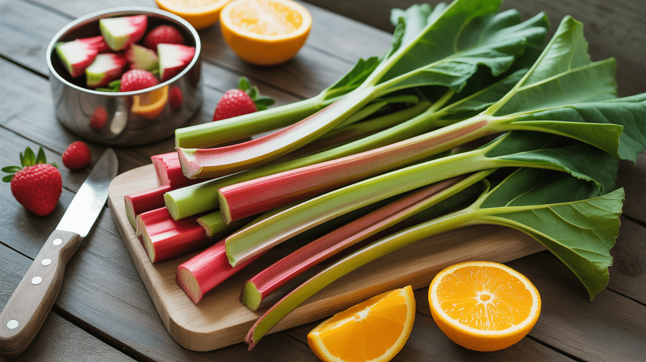 préparation confiture de rhubarbe tiges et fruits