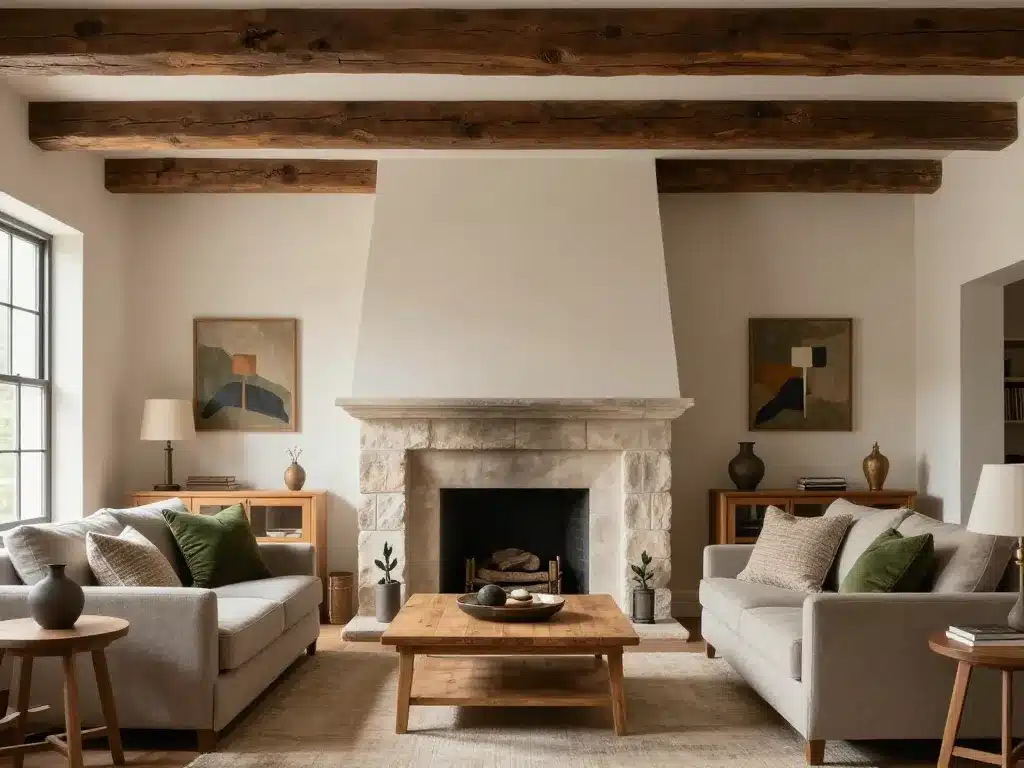 salon intérieur style architectural tudor avec cheminée et poutres apparentes