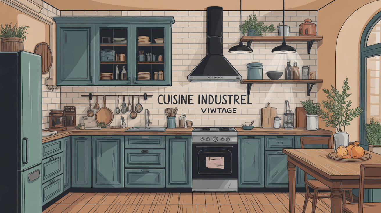 Cuisine style industriel vintage en bois vieilli et acier noir