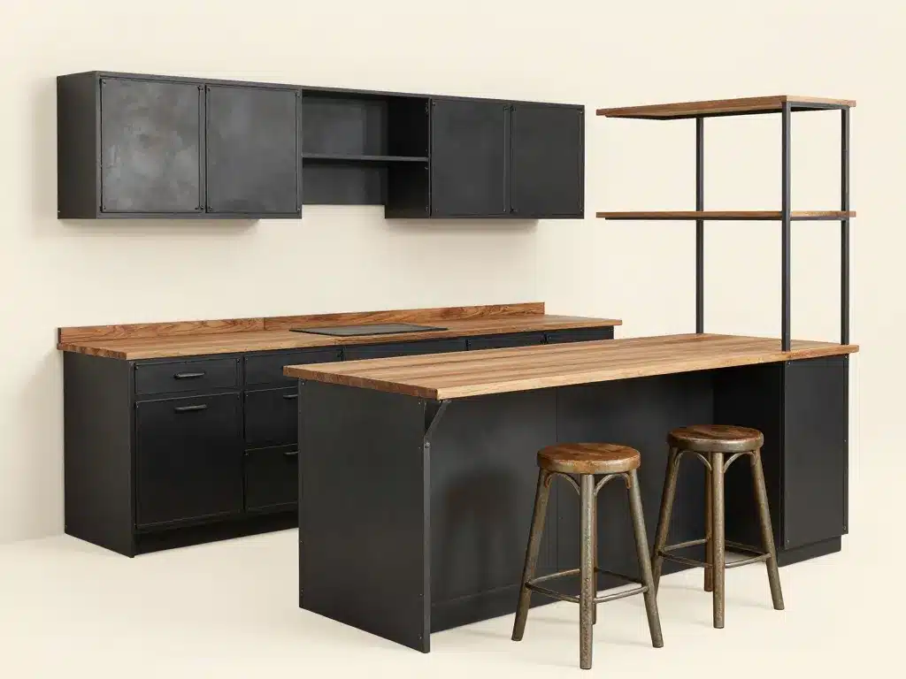 Cuisine style industriel vintage avec îlot central et meubles noirs