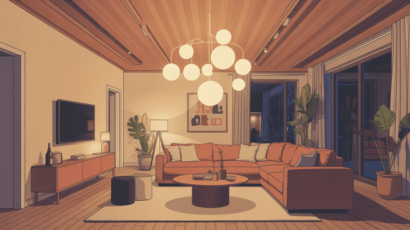 eclairage plafond poutre apparente dans salon contemporain chaleureux