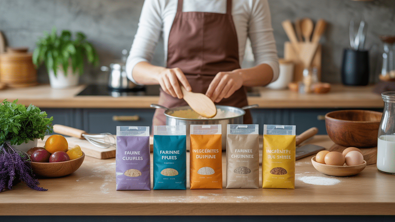 Préparation de pâte avec farines sans gluten sur plan