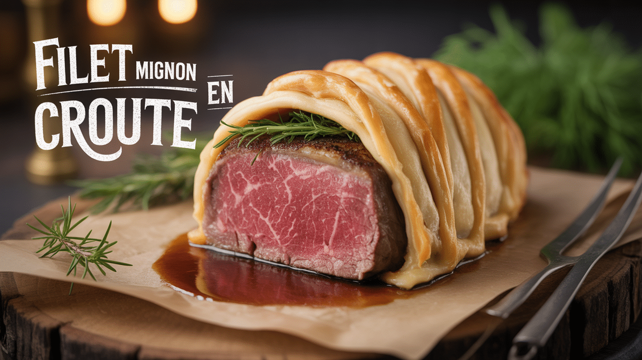 Filet mignon en croute doré sur planche, herbes fraîches