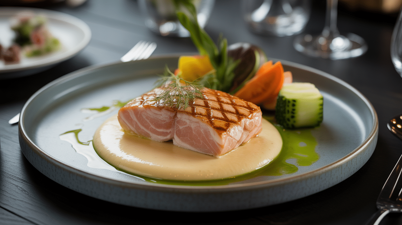 fondue de poireaux avec saumon et légumes