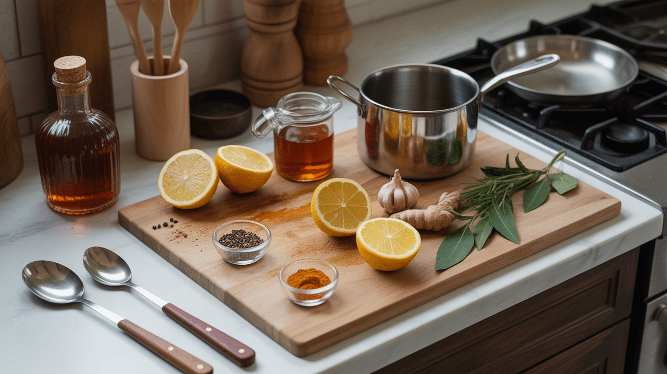 Ingrédients pour grog citron miel épices rhum cuisine