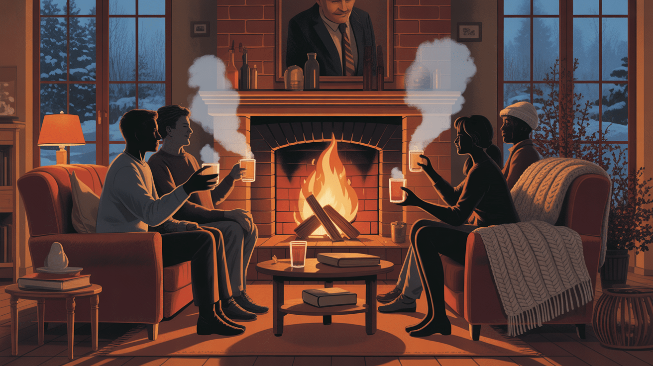 Personnes buvant du grog devant cheminée ambiance hiver