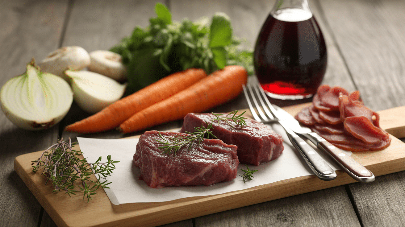 Ingrédients boeuf bourguignon cookeo sur plan de travail