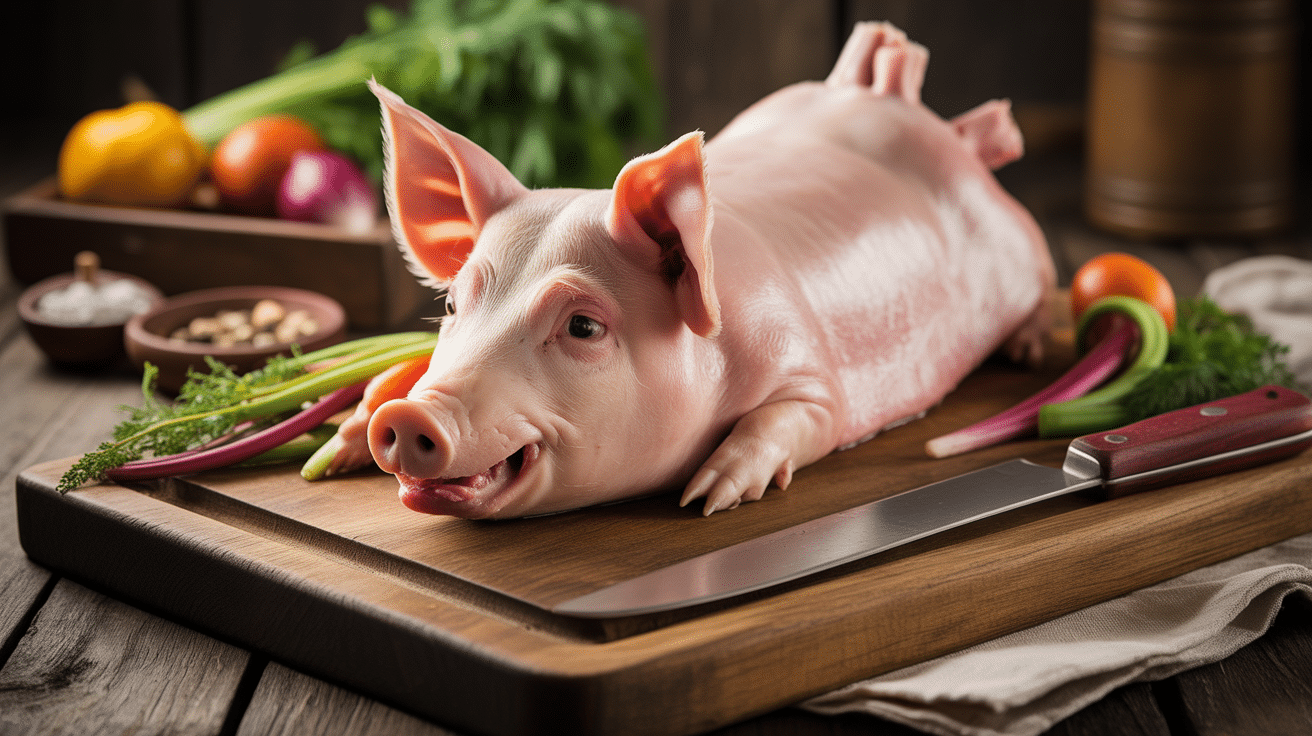 joue de porc crue sur planche ambiance cuisine