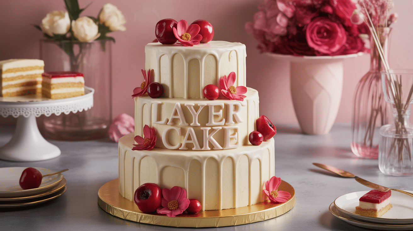 Layer cake trois étages décor fruits rouges et fleurs