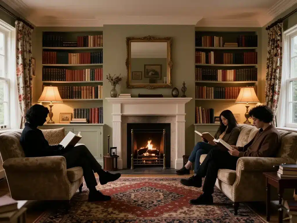 intérieur maison anglaise typique salon cosy cheminée bibliothèques