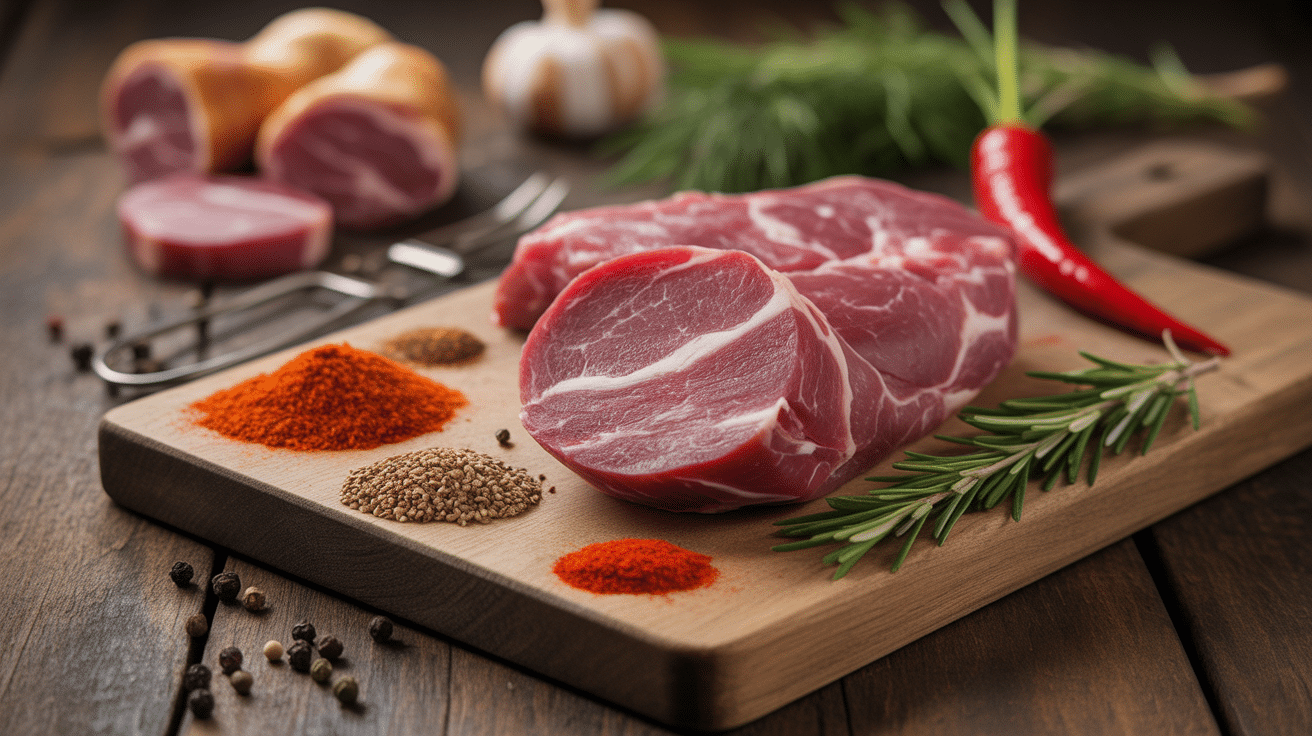 ingrédients charcuterie pepperoni viandes épices planche bois