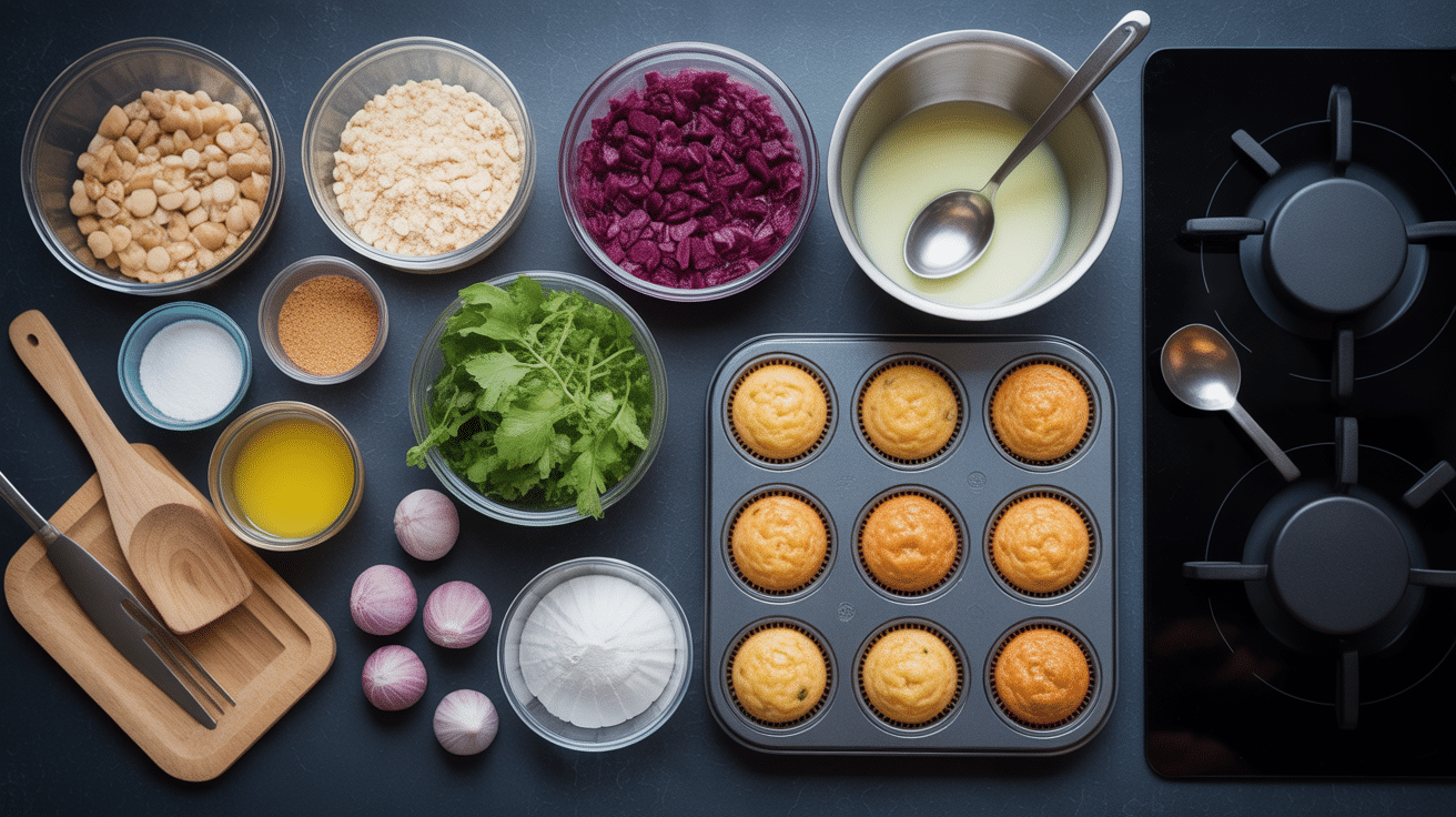 Préparation des ingrédients muffin sur plan de travail