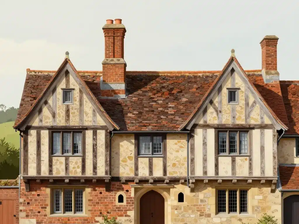 façade maison style architectural tudor avec toit pentu et colombages