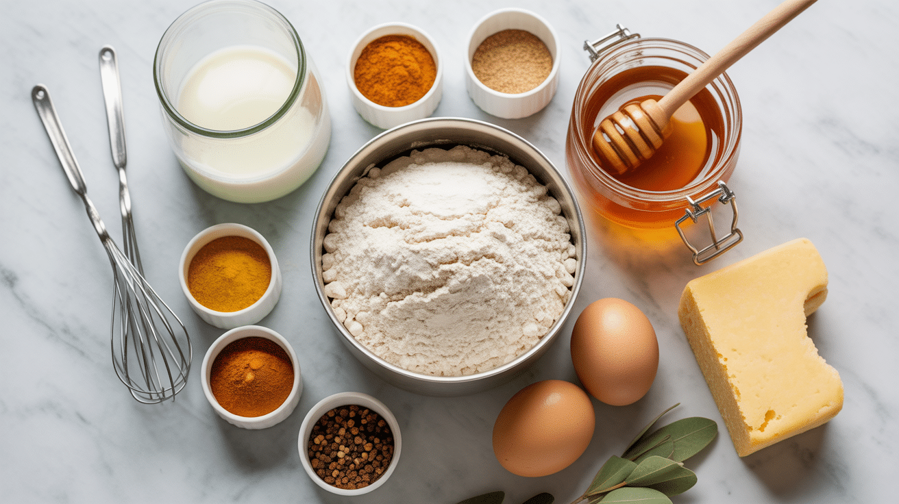 ingrédients recette pain d'épices maison sur plan de travail