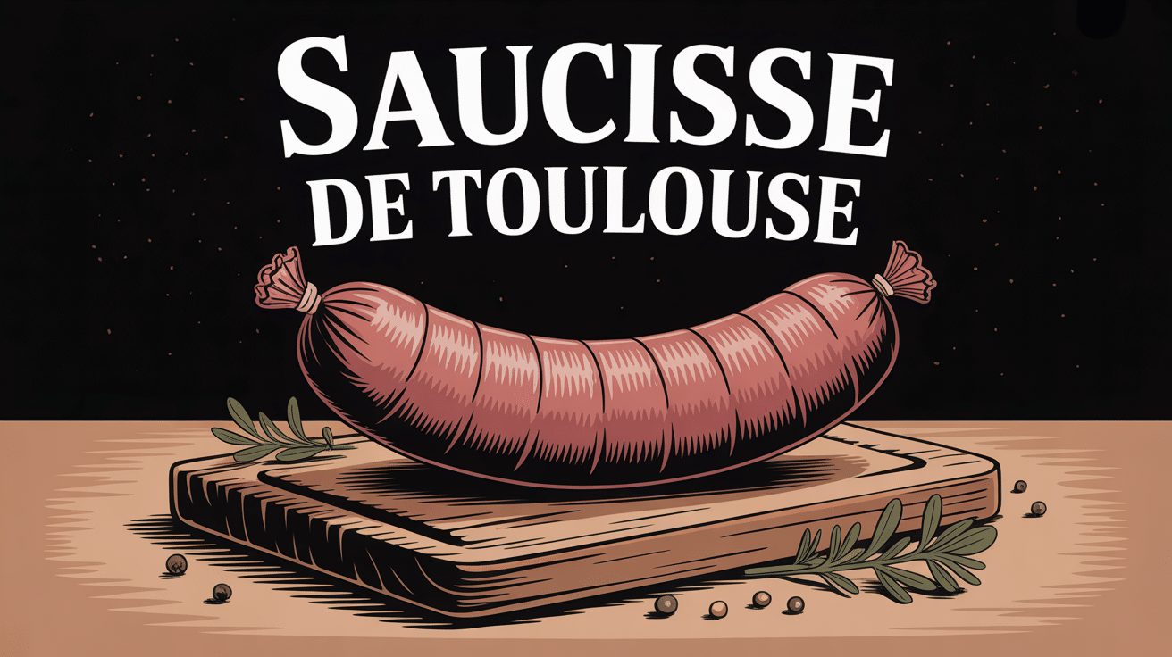 saucisse de toulouse cuite planche bois herbes