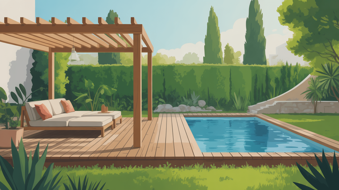terrasse avec piscine en bois dans jardin moderne illustration vectorielle