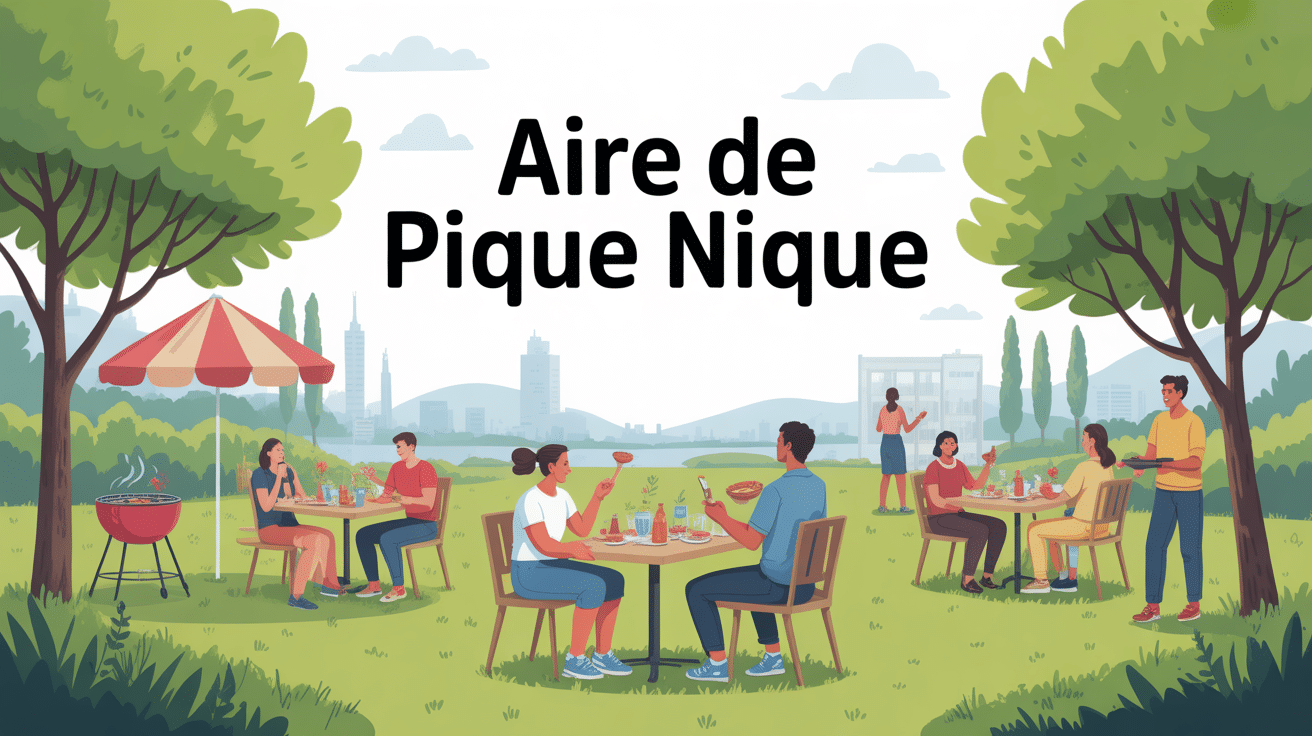 Illustration aire de pique nique conviviale avec familles et barbecue
