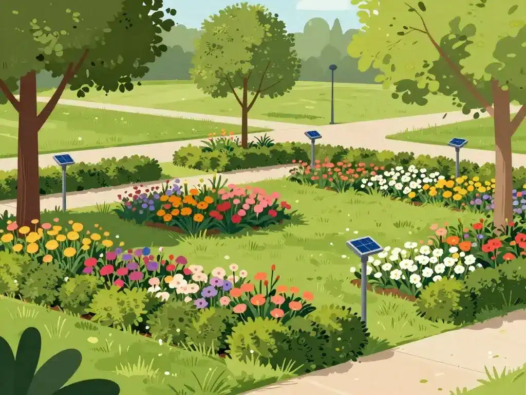 Aménagement durable aire de pique nique avec fleurs et éclairage solaire