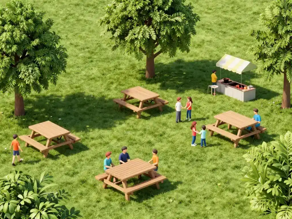Vue 3D aire de pique nique fonctionnelle tables arbres barbecue