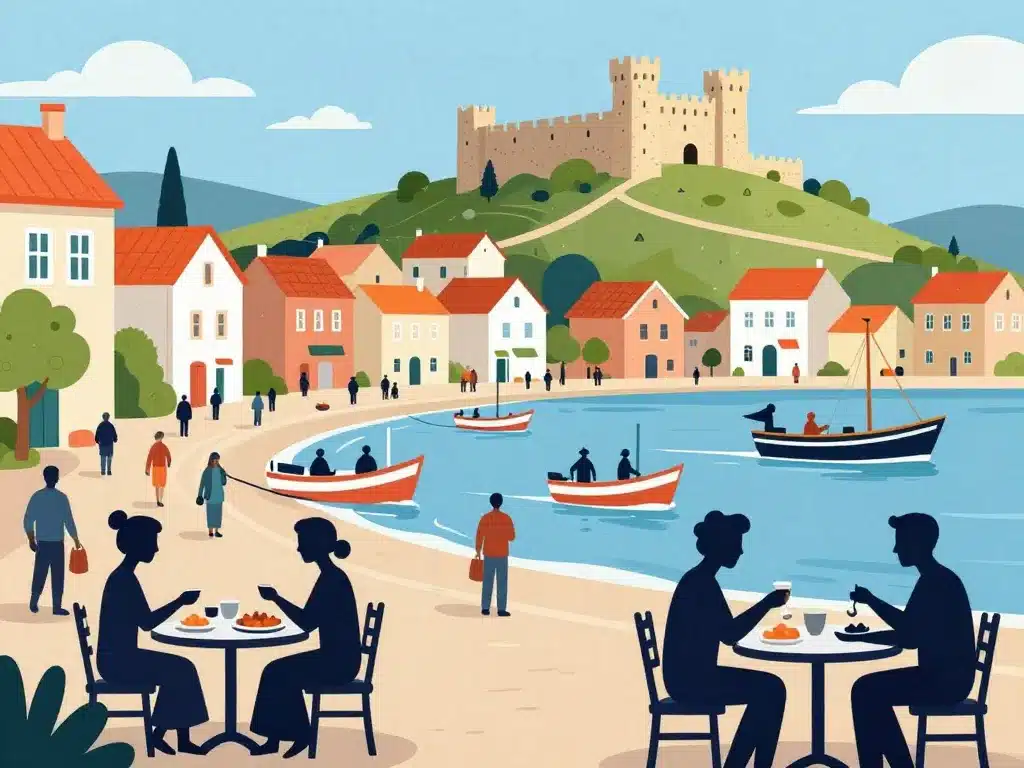 Scène animée du port et village de Binn Eadair avec habitants et pêcheurs