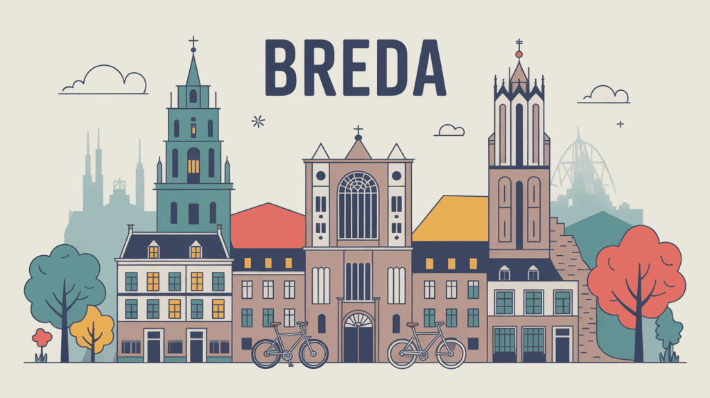 Vue stylisée de Breda avec Grote Kerk, château et vélos