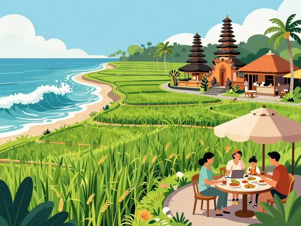 Illustration esprit Canggu rizières surf digital nomads
